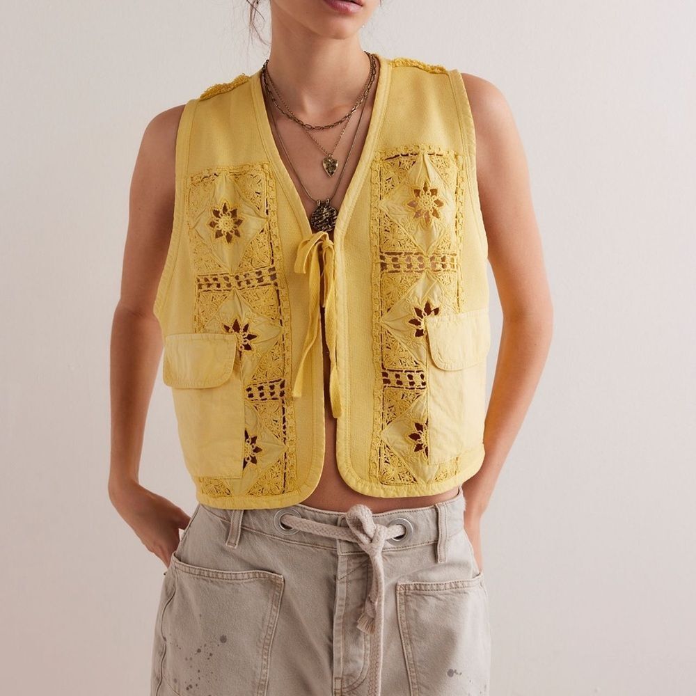 NWOT Free People Wonderstruck Embroidered Vest in Sunny Shine